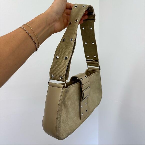 Vintage Y2K Express Beige Suede Canvas Strap East West Underarm Shoulder Bag - Picture 12 of 16